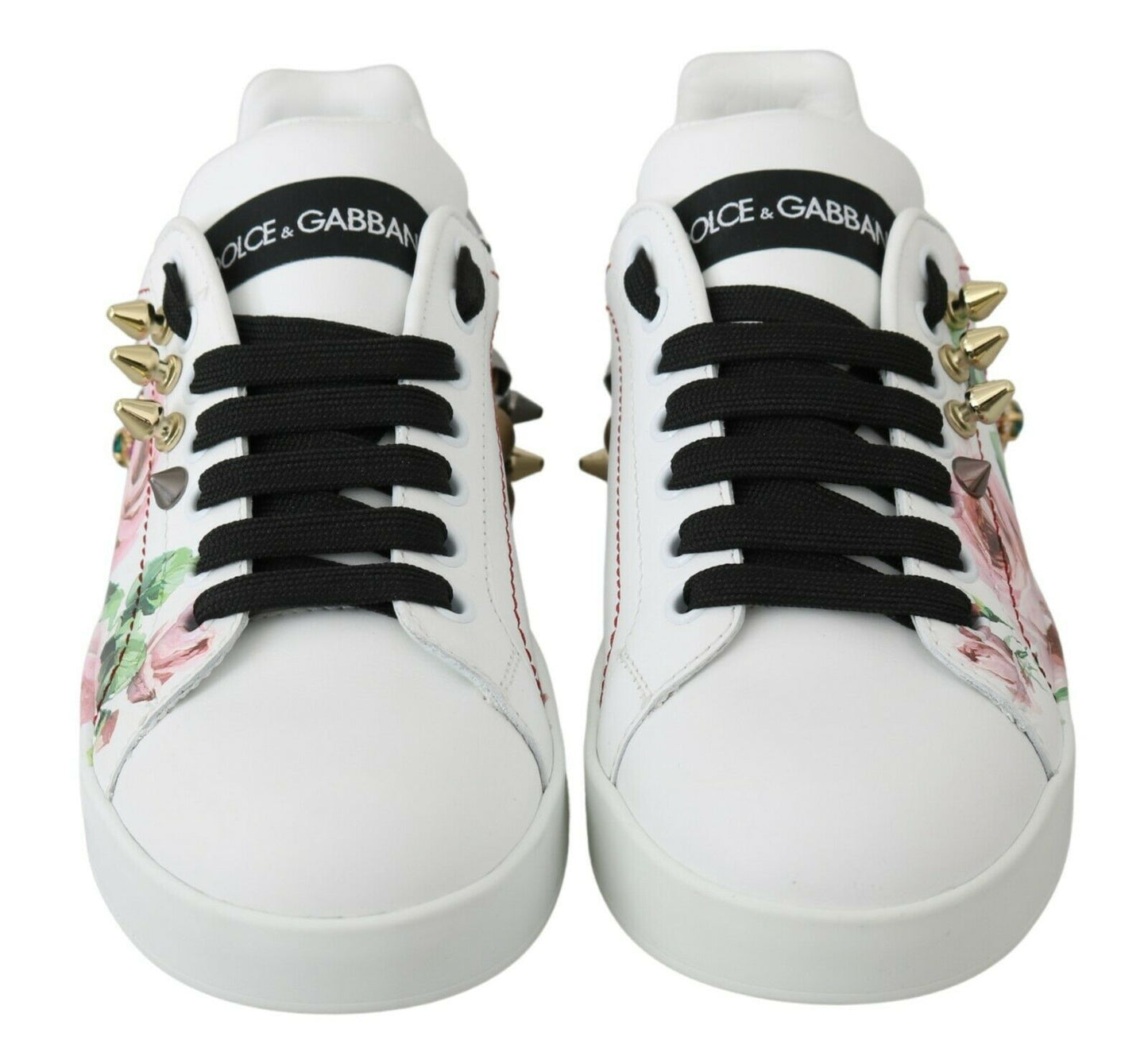 Dolce & Gabbana White Leather Crystal Roses Floral Sneakers Shoes Dolce & Gabbana