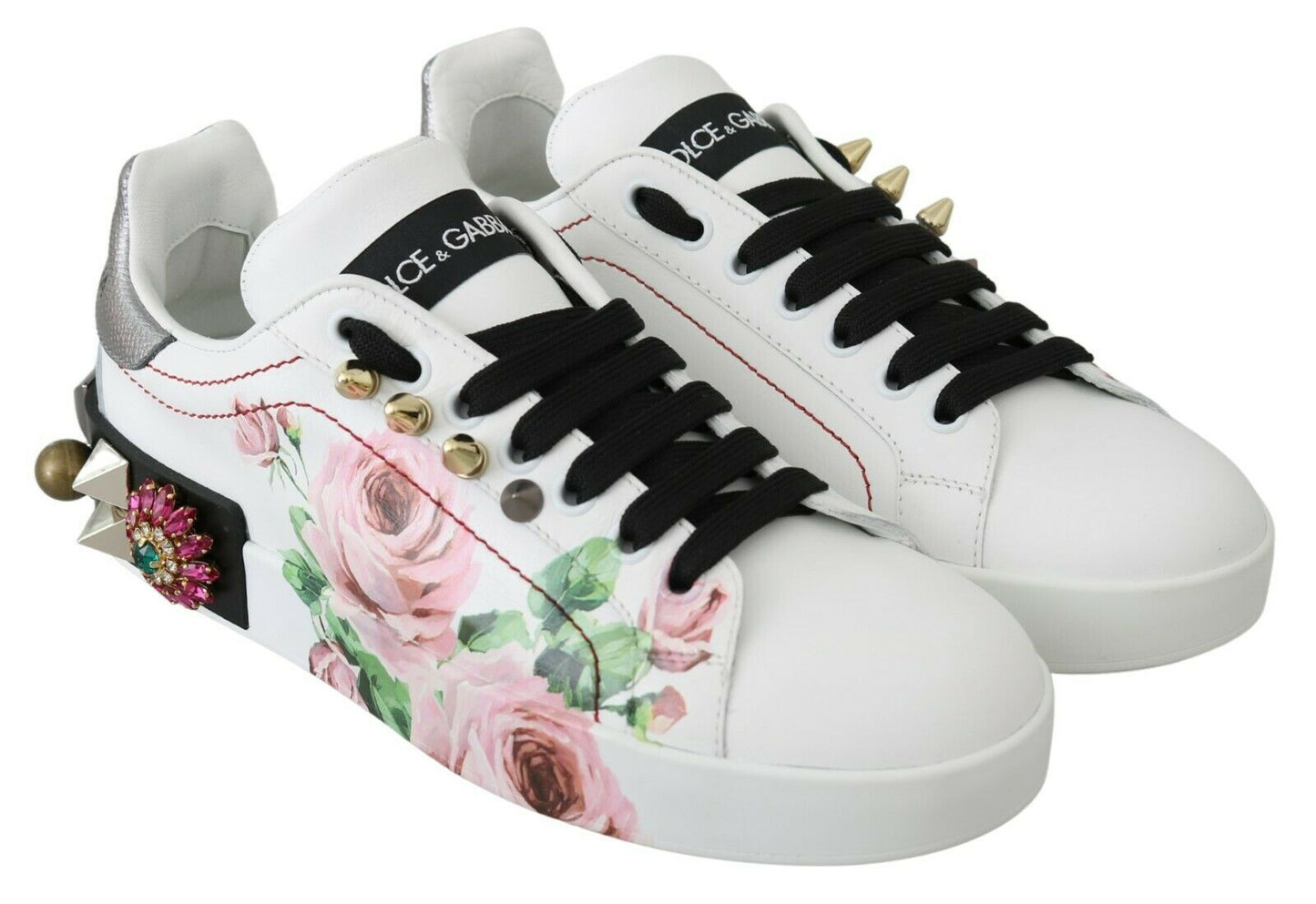 Dolce & Gabbana White Leather Crystal Roses Floral Sneakers Shoes Dolce & Gabbana