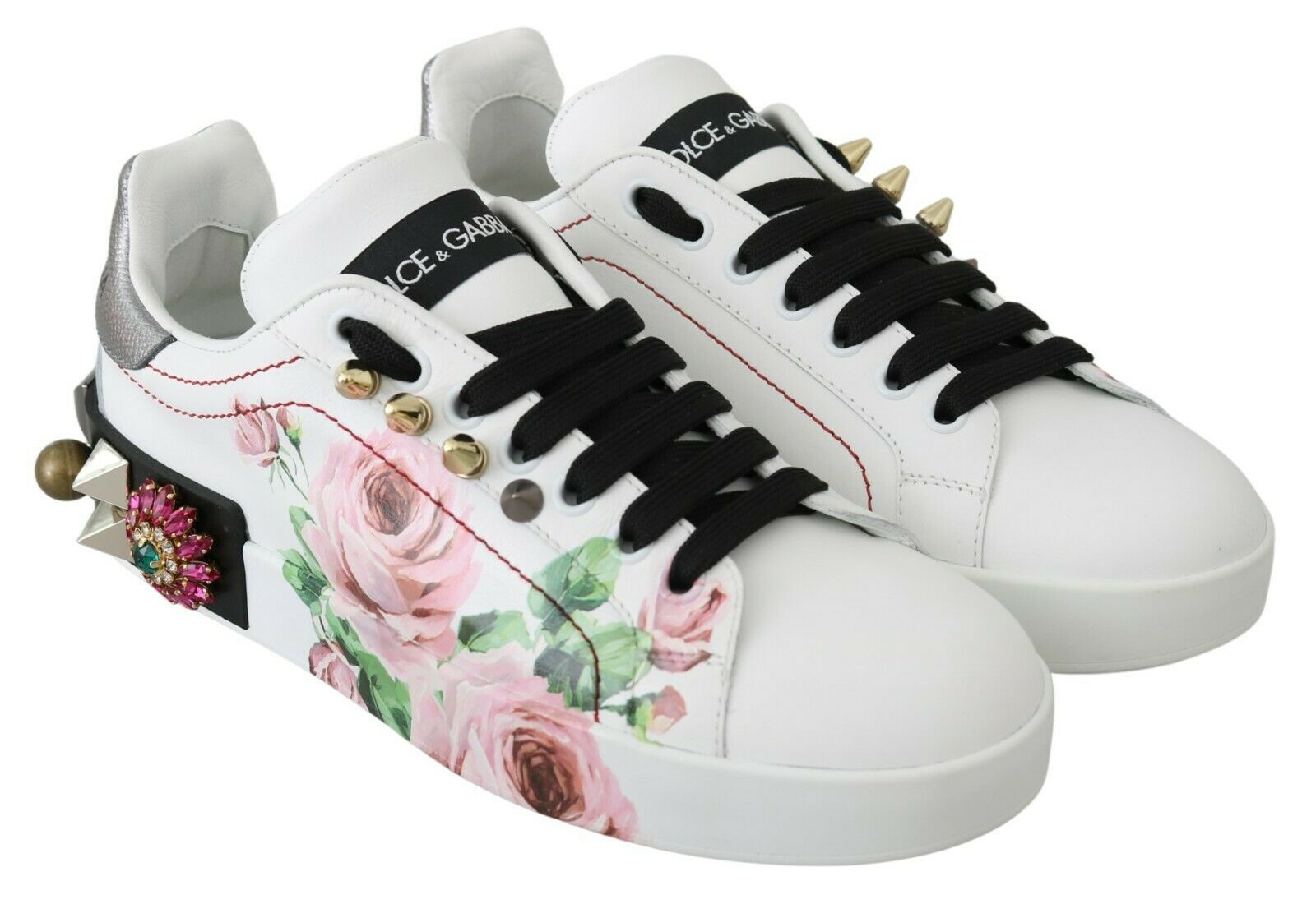 Dolce & Gabbana White Leather Crystal Roses Floral Sneakers Shoes Dolce & Gabbana
