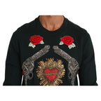 Dolce & Gabbana Green Crystal Heart Roses Gun Sweater