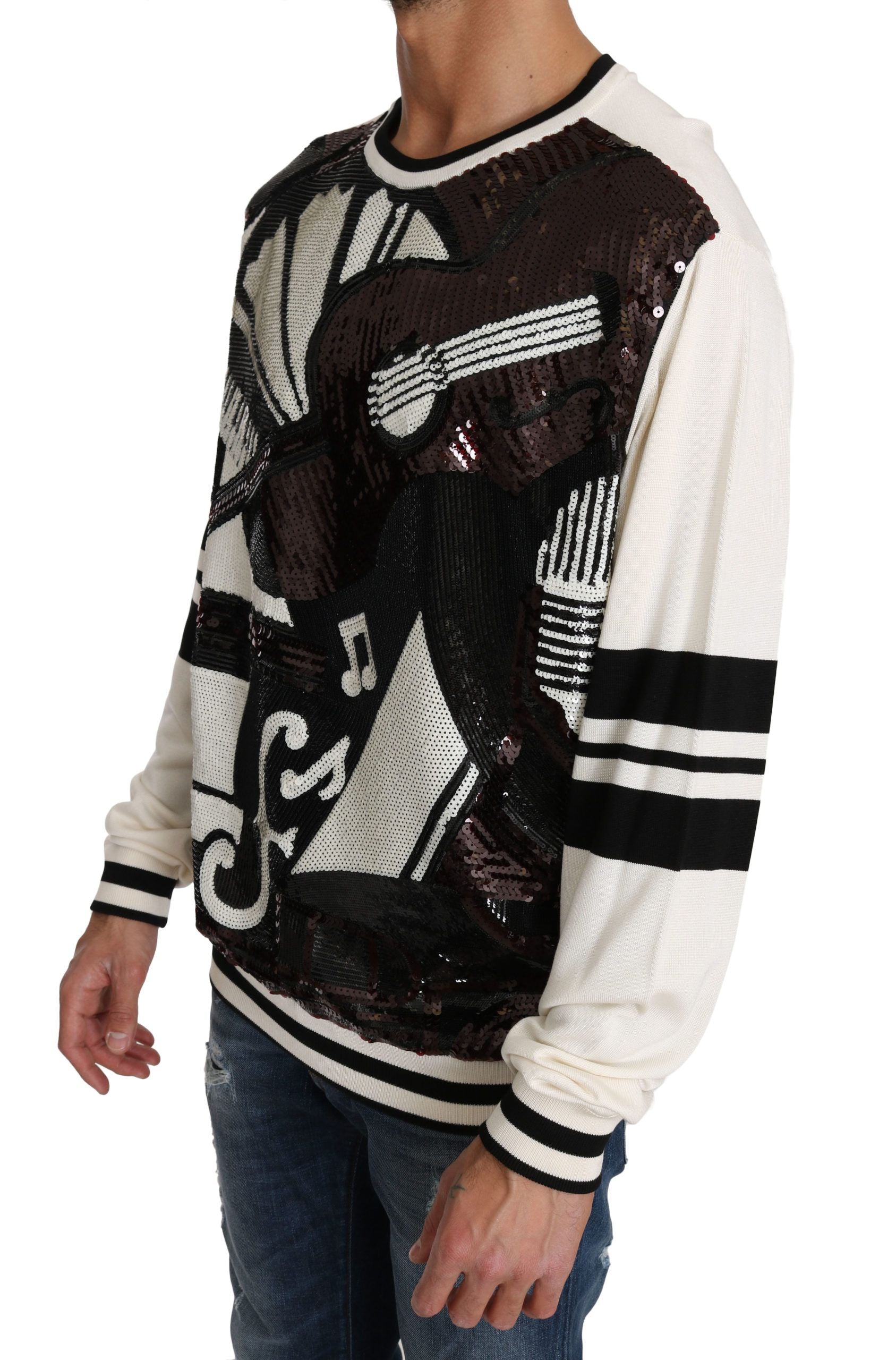 Dolce & Gabbana White Jazz Sequined Guitar Pullover Top Sweater Dolce & Gabbana