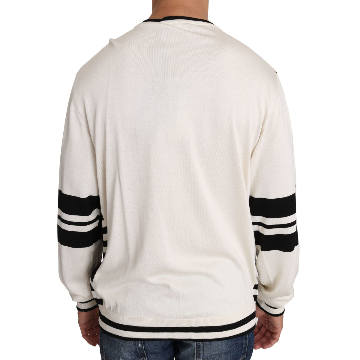 Dolce & Gabbana white jazz sequined guitar pullover sweater with long sleeves and ribbed cuffs, stylish and eye-catching.