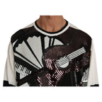 Dolce & Gabbana white jazz sequined guitar pullover sweater with long sleeves and a crew neckline, stylish and eye-catching.