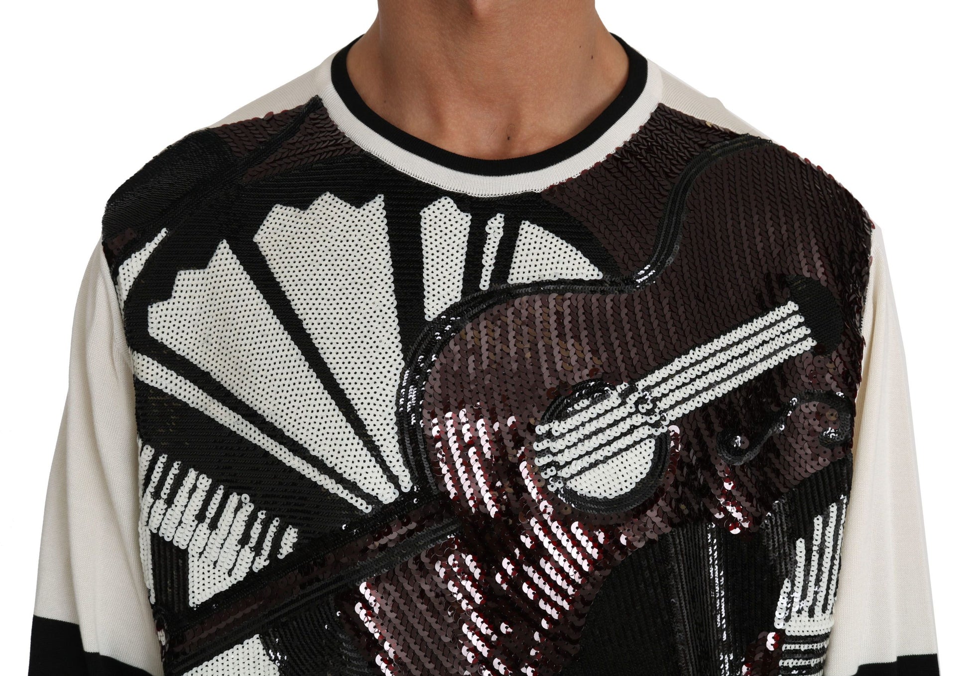 Dolce & Gabbana White Jazz Sequined Guitar Pullover Top Sweater Dolce & Gabbana