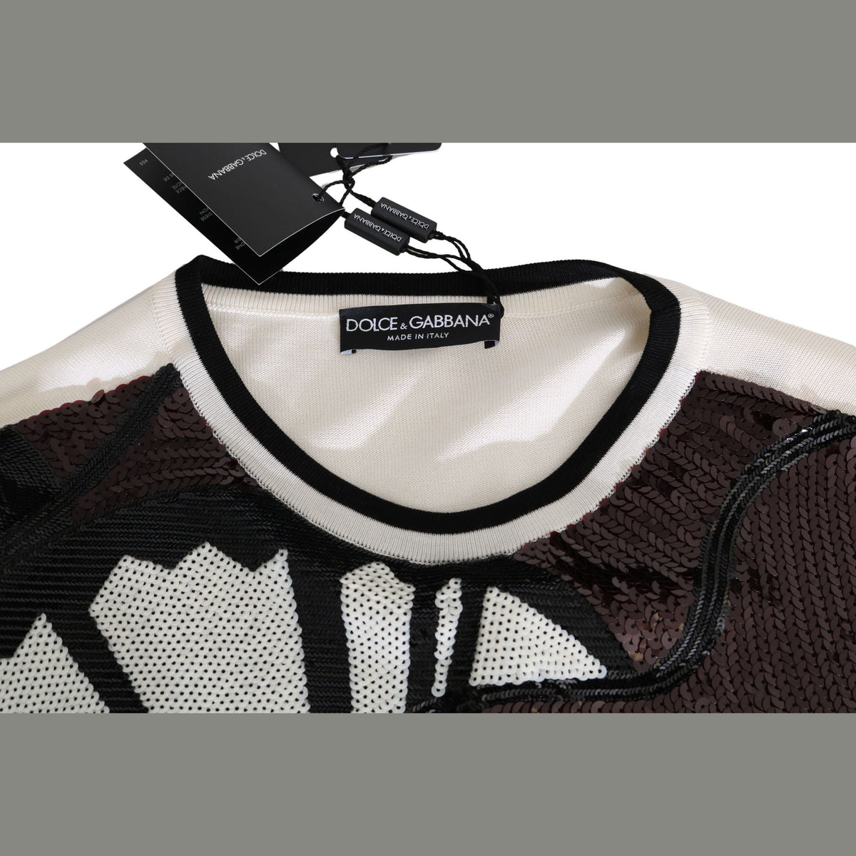 Dolce & Gabbana white jazz sequined guitar pullover sweater, stylish knit top with musical-inspired design and sparkling embellishments.