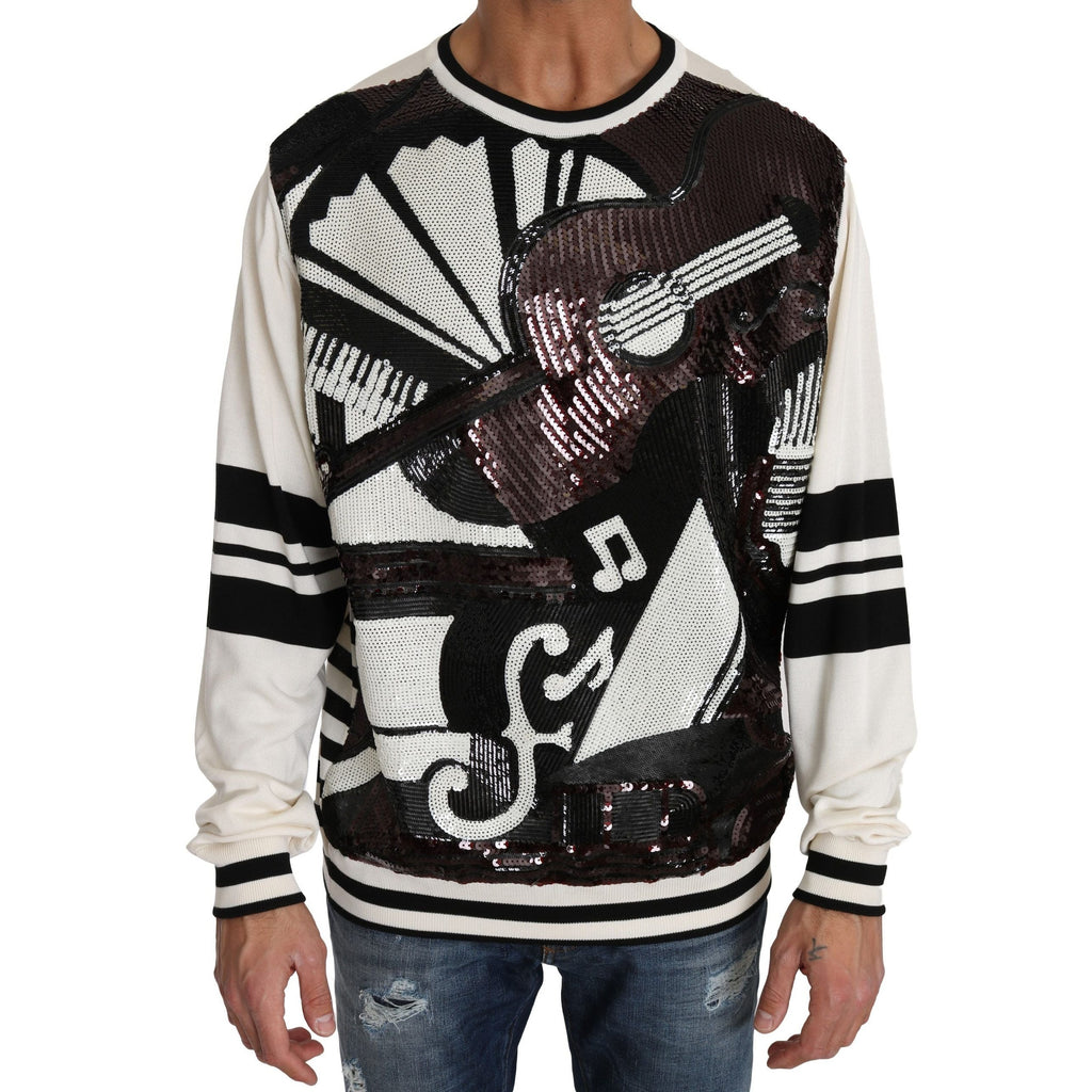 Dolce & Gabbana white jazz sequined guitar pullover sweater, stylish knit top with musical instrument design and sparkling embellishments.