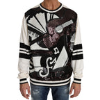 Dolce & Gabbana white jazz sequined guitar pullover sweater, stylish knit top with musical instrument design and sparkling embellishments.