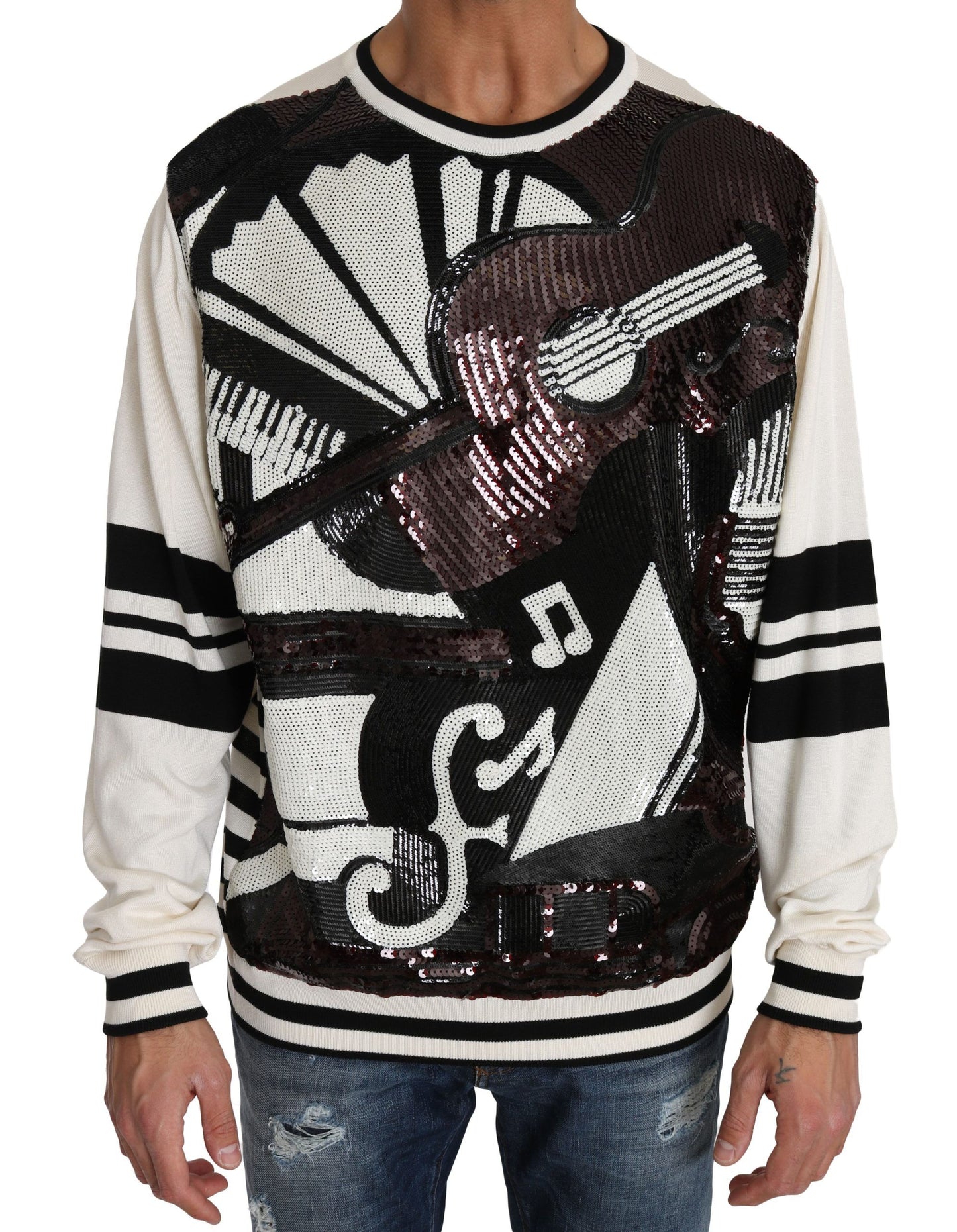 Dolce & Gabbana White Jazz Sequined Guitar Pullover Top Sweater Dolce & Gabbana