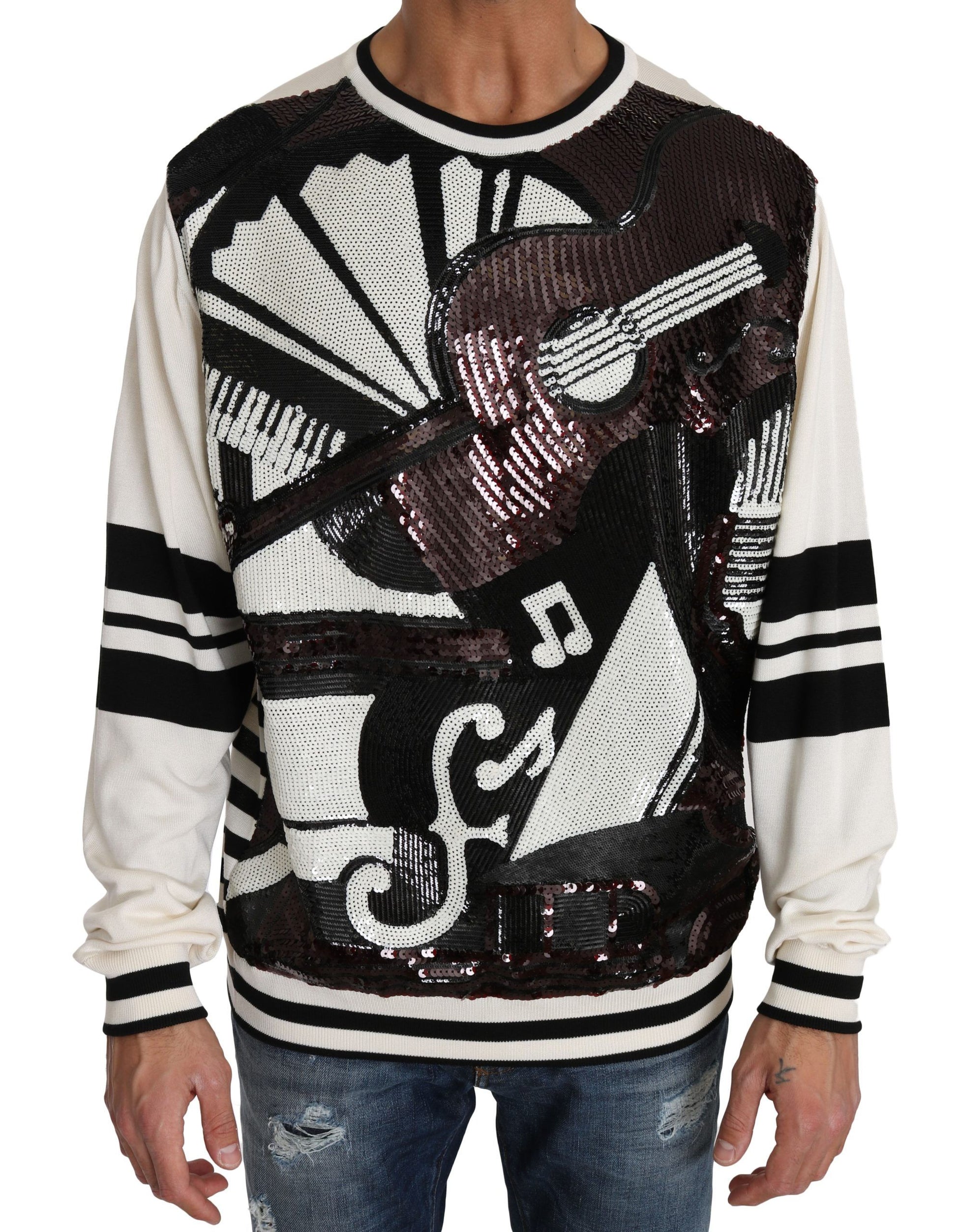 Dolce & Gabbana White Jazz Sequined Guitar Pullover Top Sweater Dolce & Gabbana