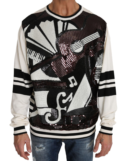 Dolce & Gabbana White Jazz Sequined Guitar Pullover Top Sweater Dolce & Gabbana