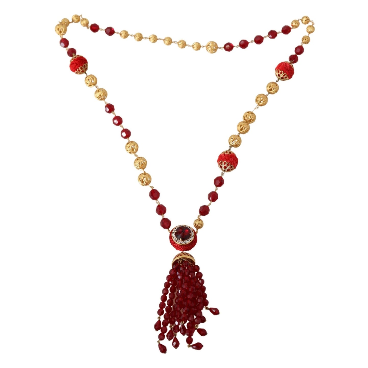 Dolce & Gabbana Gold Tone Brass Red Crystals Pendant Opera Chain Necklace Dolce & Gabbana