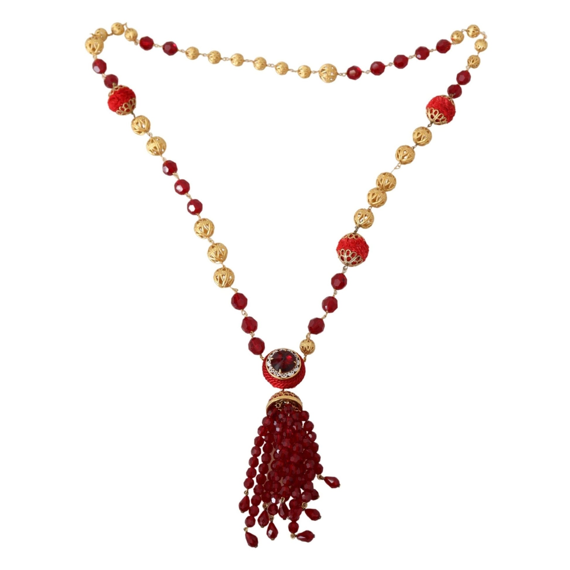 Dolce & Gabbana Gold Tone Brass Red Crystals Pendant Opera Chain Necklace Dolce & Gabbana