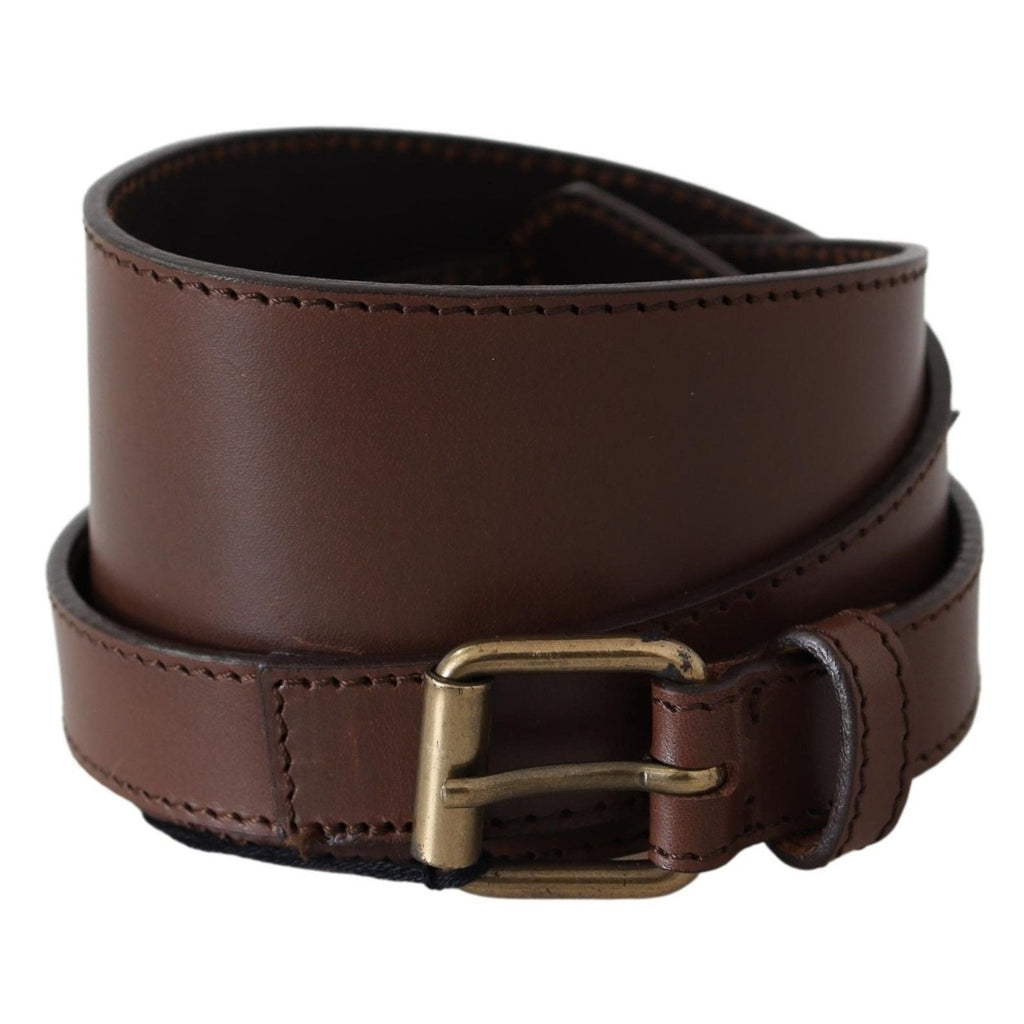 Brown wide leather belt by PLEIN SUD with rustic finish and gold metal buckle, showcasing textured dark leather and stylish design.