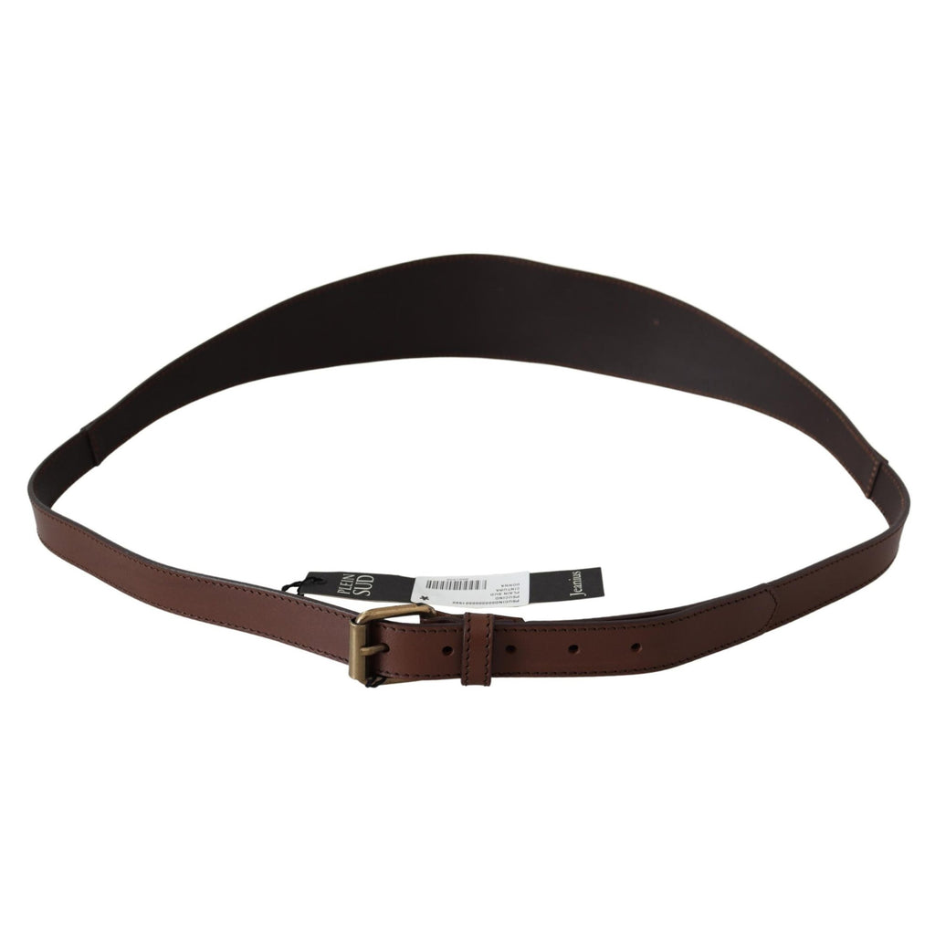 Brown wide leather belt by PLEIN SUD with rustic gold metal buckle, featuring a dark finish and sturdy design.