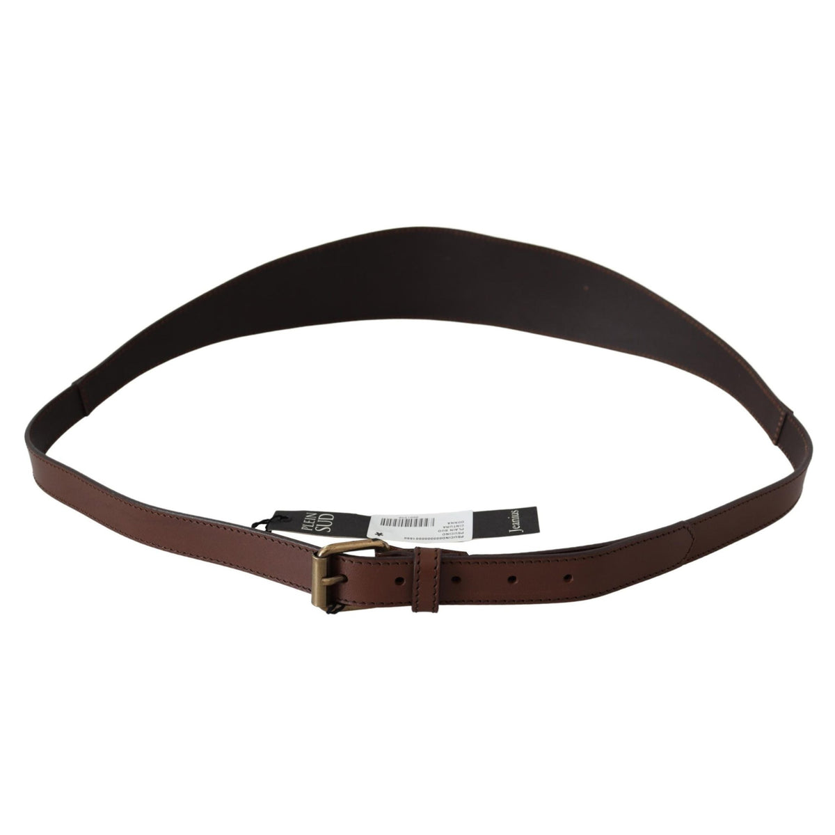 Brown wide leather belt by PLEIN SUD with rustic gold metal buckle, featuring a dark finish and sturdy design.