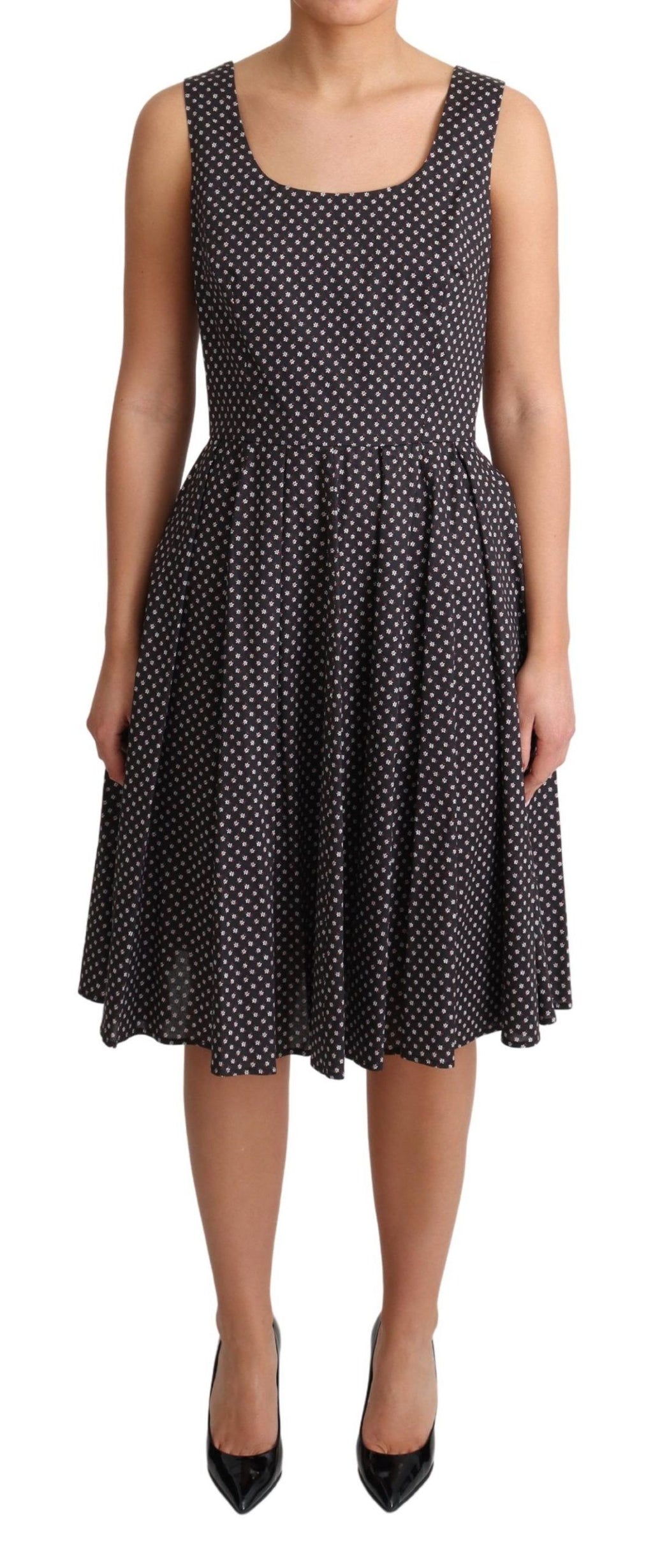 Dolce & Gabbana black floral cotton A-line stretch dress with short sleeves and a fitted waist, stylish and elegant for women.
