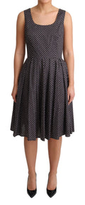 Dolce & Gabbana black floral cotton A-line stretch dress with short sleeves and a fitted waist, stylish and elegant for women.