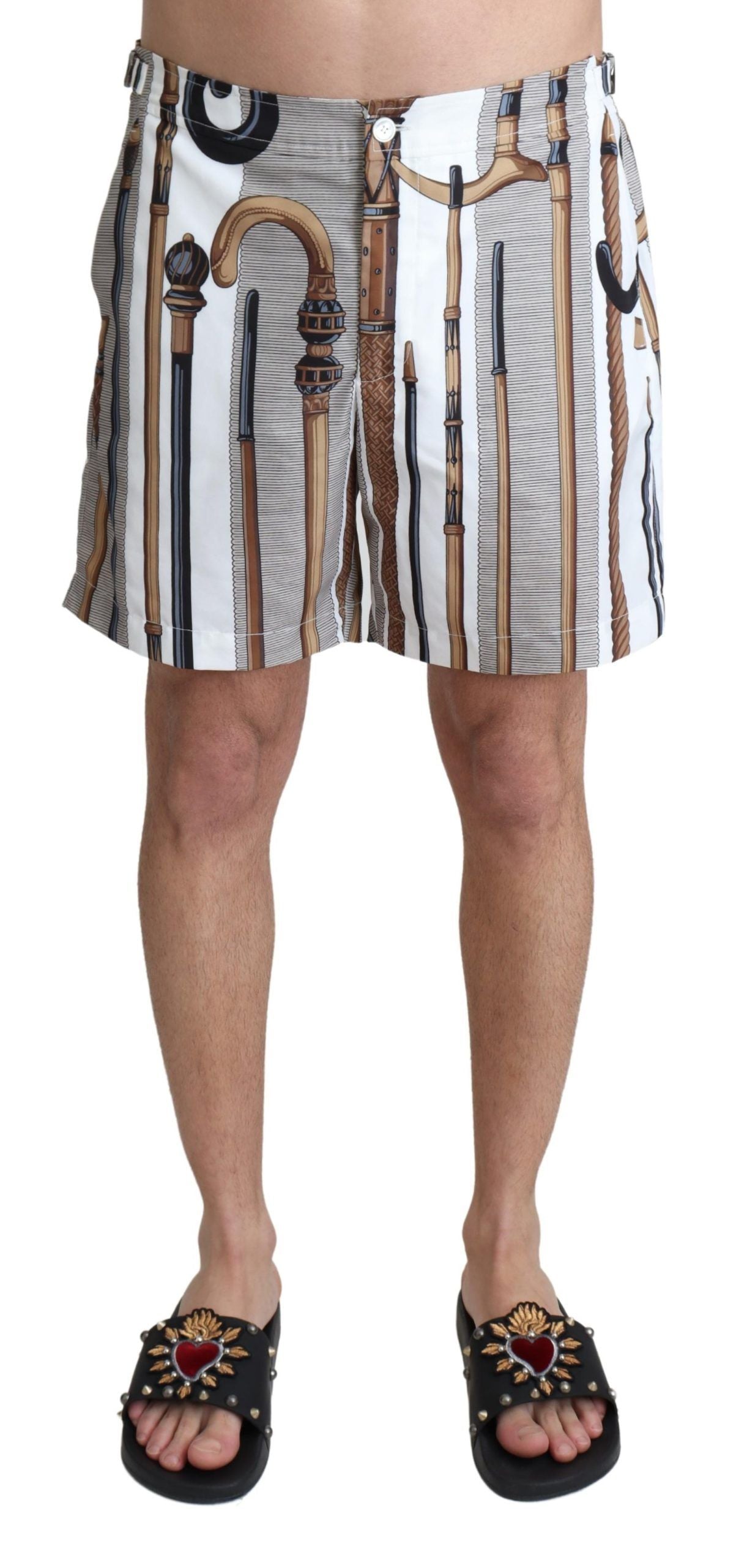 Dolce & Gabbana White Walking Stick Beachwear Shorts Swimshorts Dolce & Gabbana