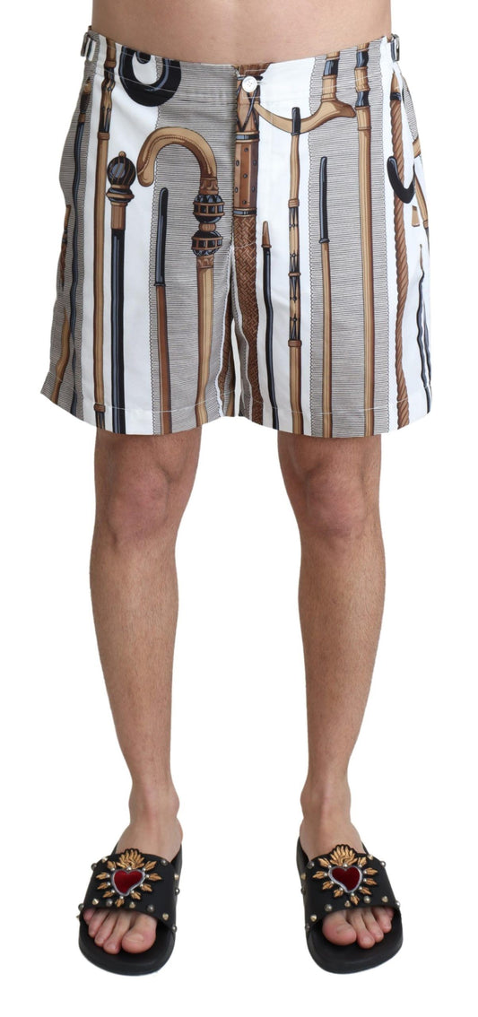 Dolce & Gabbana White Walking Stick Beachwear Shorts Swimshorts Dolce & Gabbana