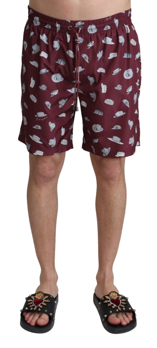 Dolce & Gabbana Maroon Hats Print Beachwear Shorts Swimwear Dolce & Gabbana