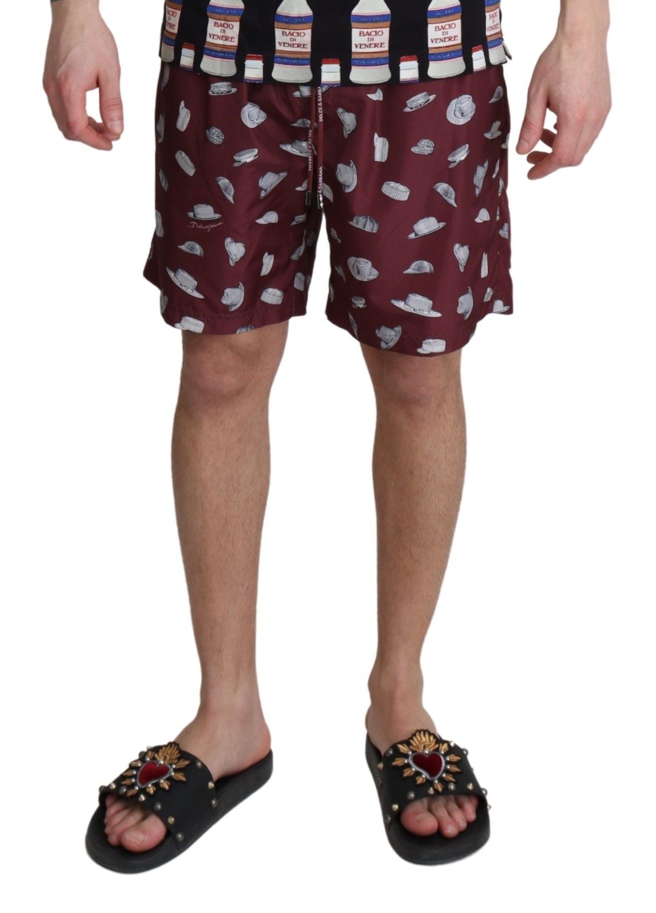 Dolce & Gabbana Maroon Hats Print Beachwear Shorts Swimwear Dolce & Gabbana