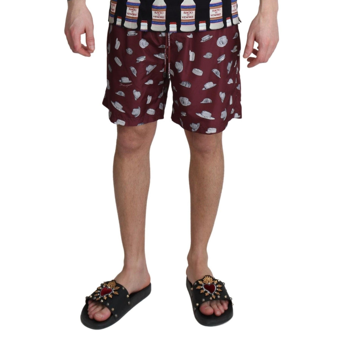 Dolce & Gabbana Maroon Hats Print Beachwear Shorts Swimwear
