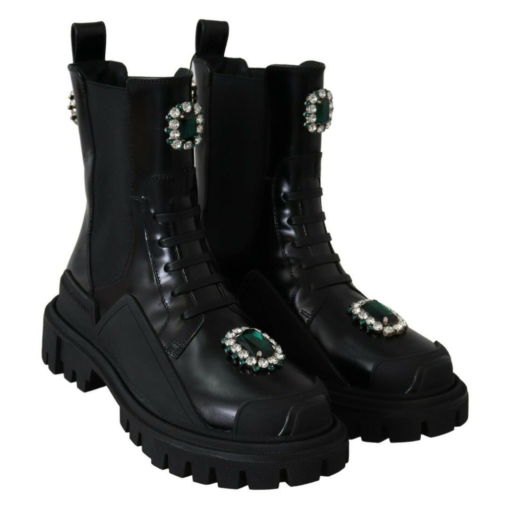 Dolce & Gabbana Black Leather Crystal Combat Boots