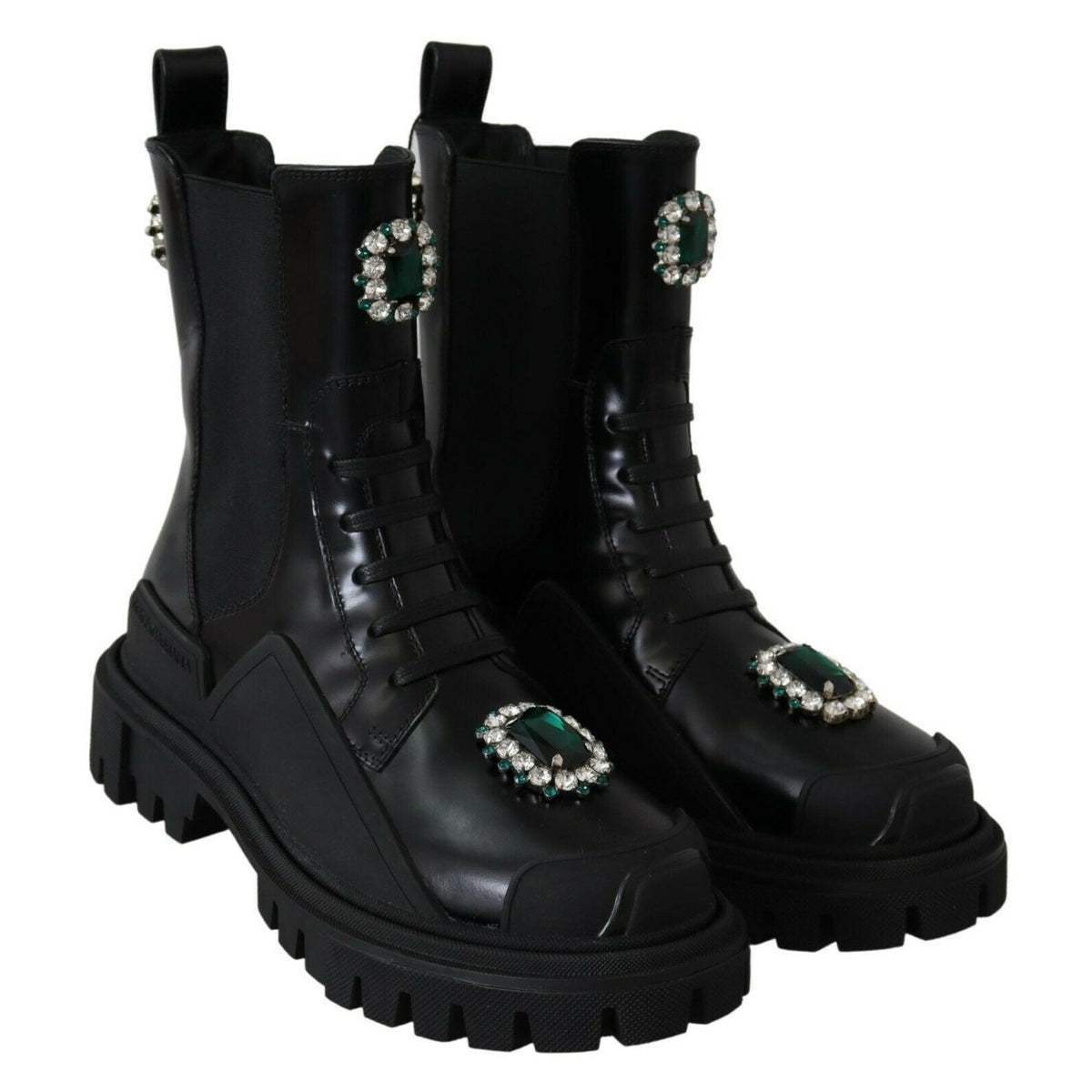 Dolce & Gabbana Black Leather Crystal Combat Boots