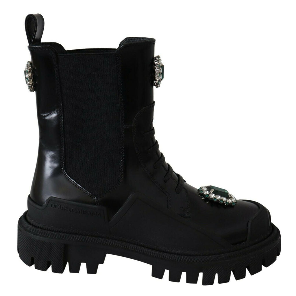 Dolce & Gabbana Black Leather Crystal Combat Boots