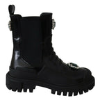 Dolce & Gabbana Black Leather Crystal Combat Boots