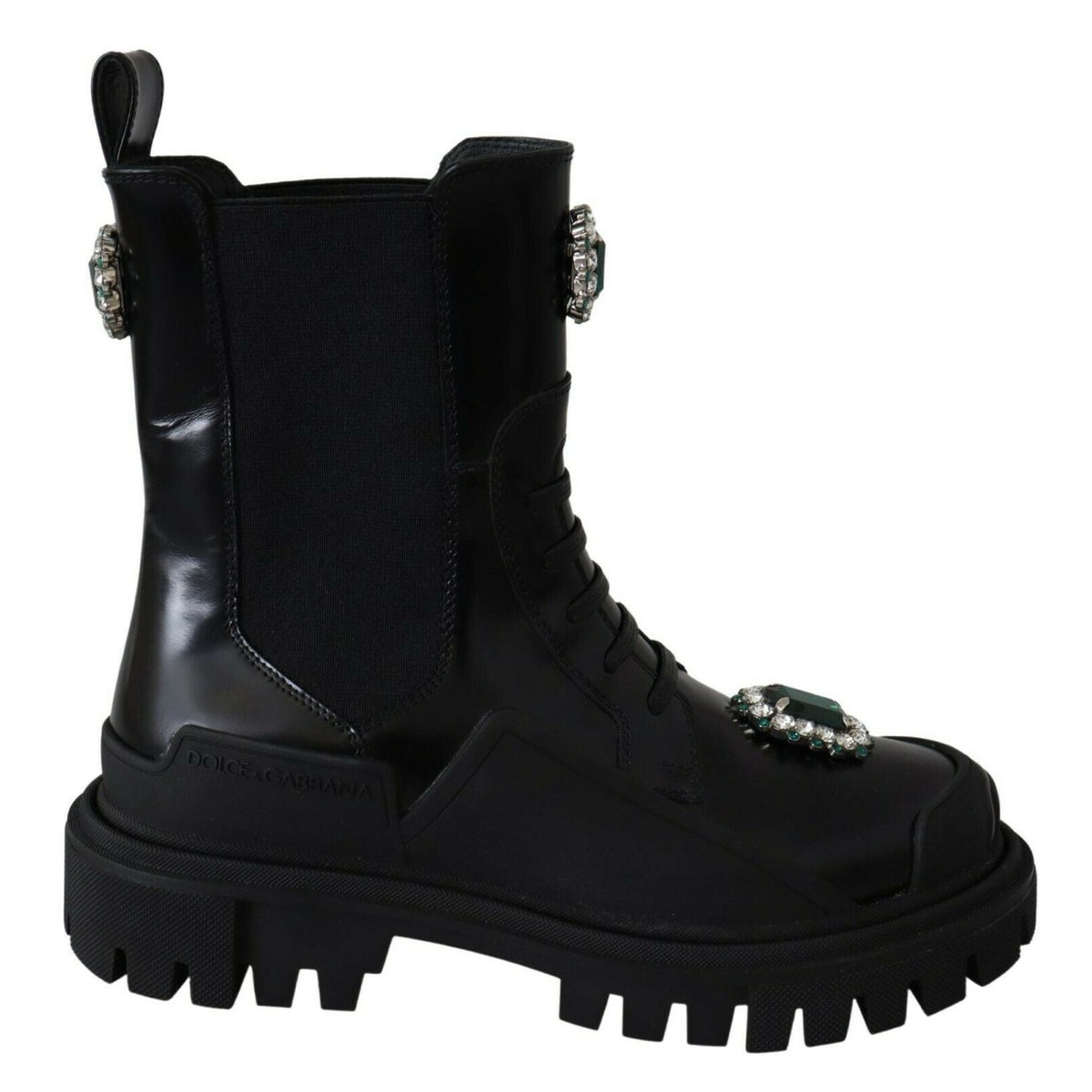 Dolce & Gabbana Black Leather Crystal Combat Boots