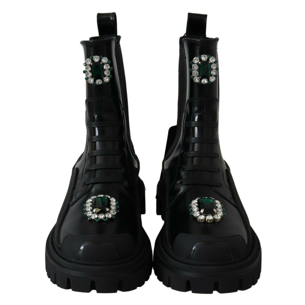 Dolce & Gabbana Black Leather Crystal Combat Boots