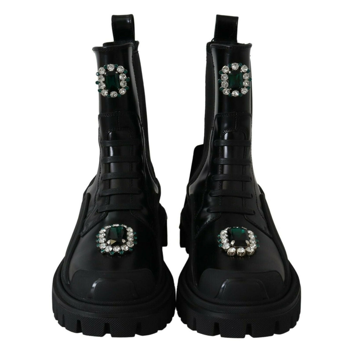 Dolce & Gabbana Black Leather Crystal Combat Boots