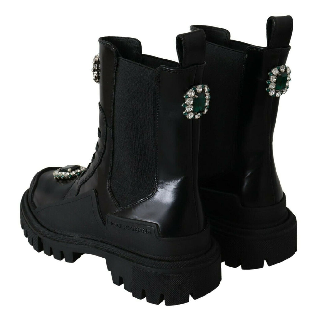 Dolce & Gabbana Black Leather Crystal Combat Boots