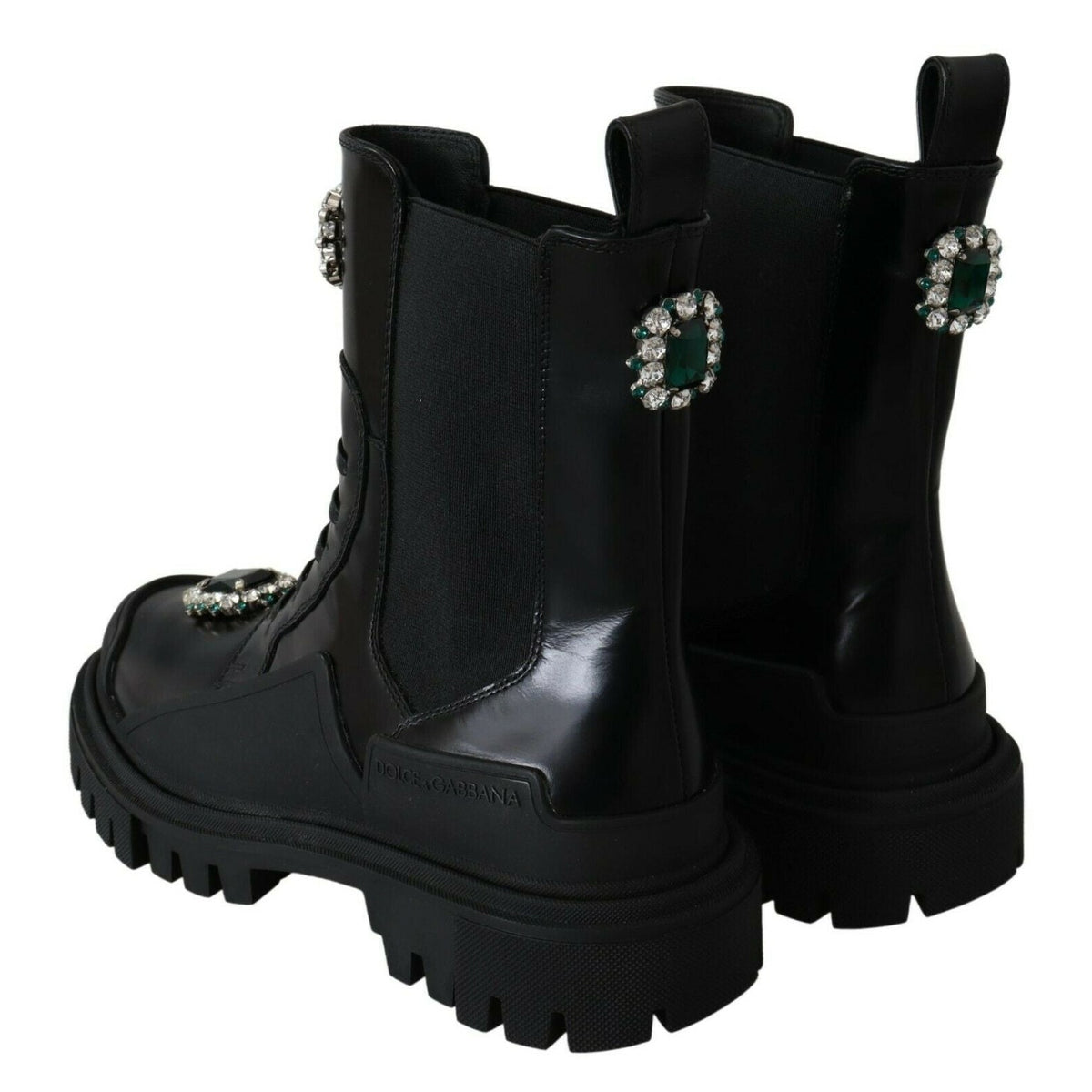 Dolce & Gabbana Black Leather Crystal Combat Boots