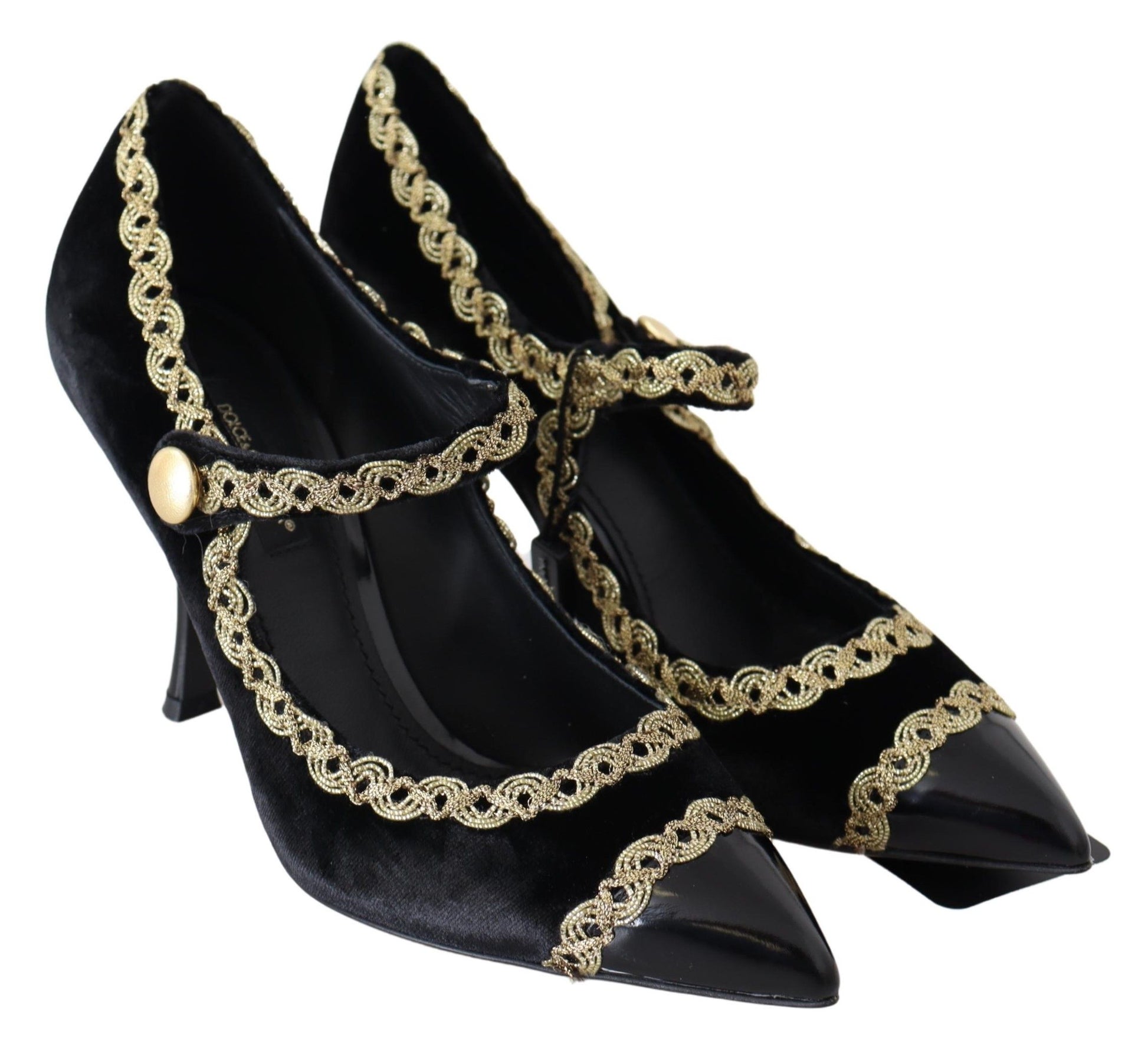 Dolce & Gabbana Black Velvet Gold Mary Janes Pumps Dolce & Gabbana