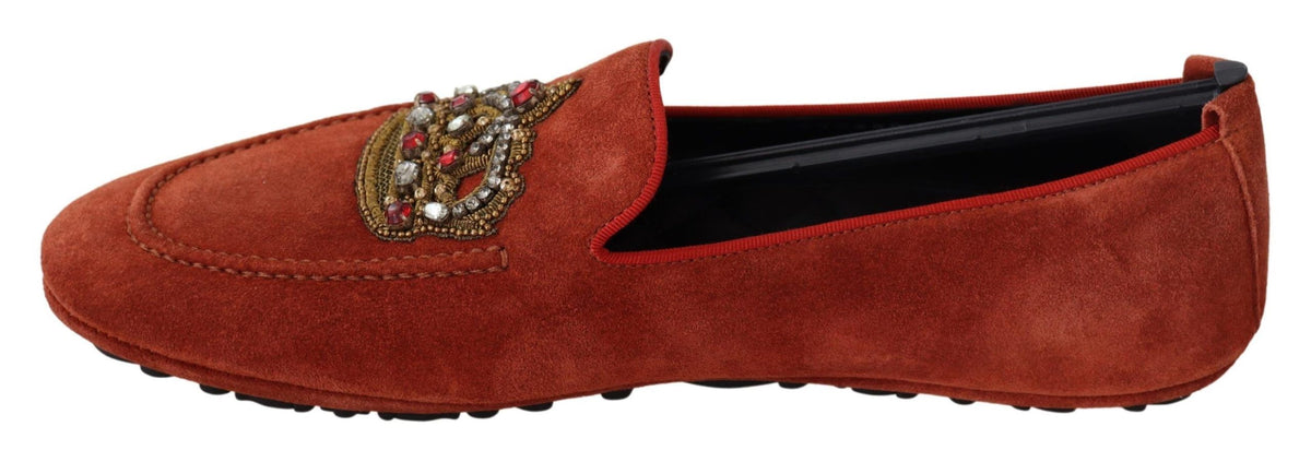 Dolce & Gabbana Orange Leather Crystal Crown Loafers Shoes