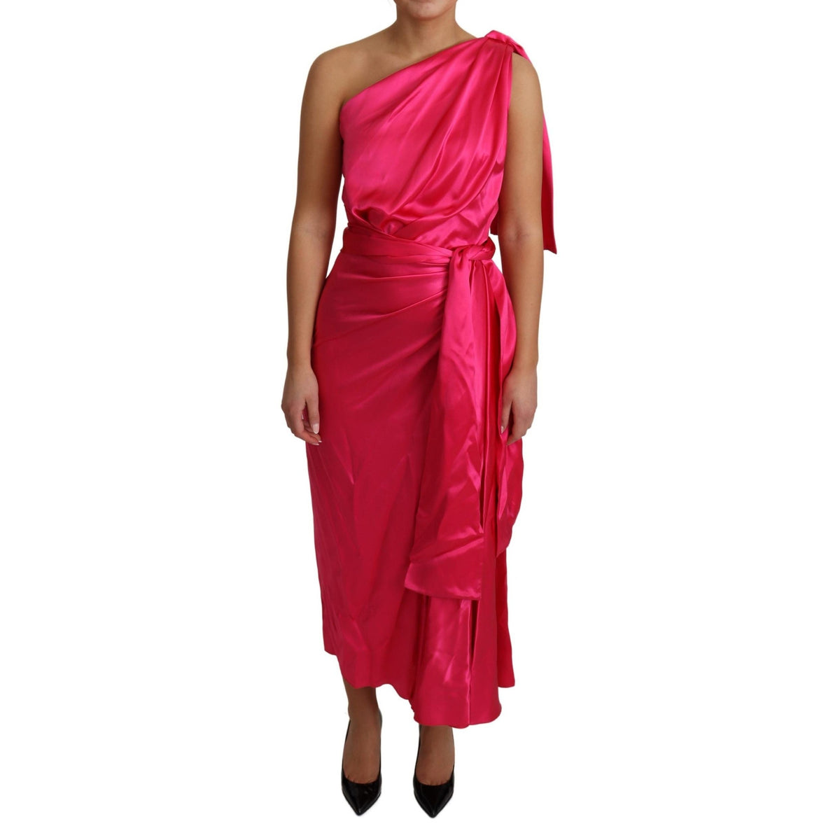 Dolce & Gabbana Dress Pink Fitted Cut One Shoulder Midi Dress