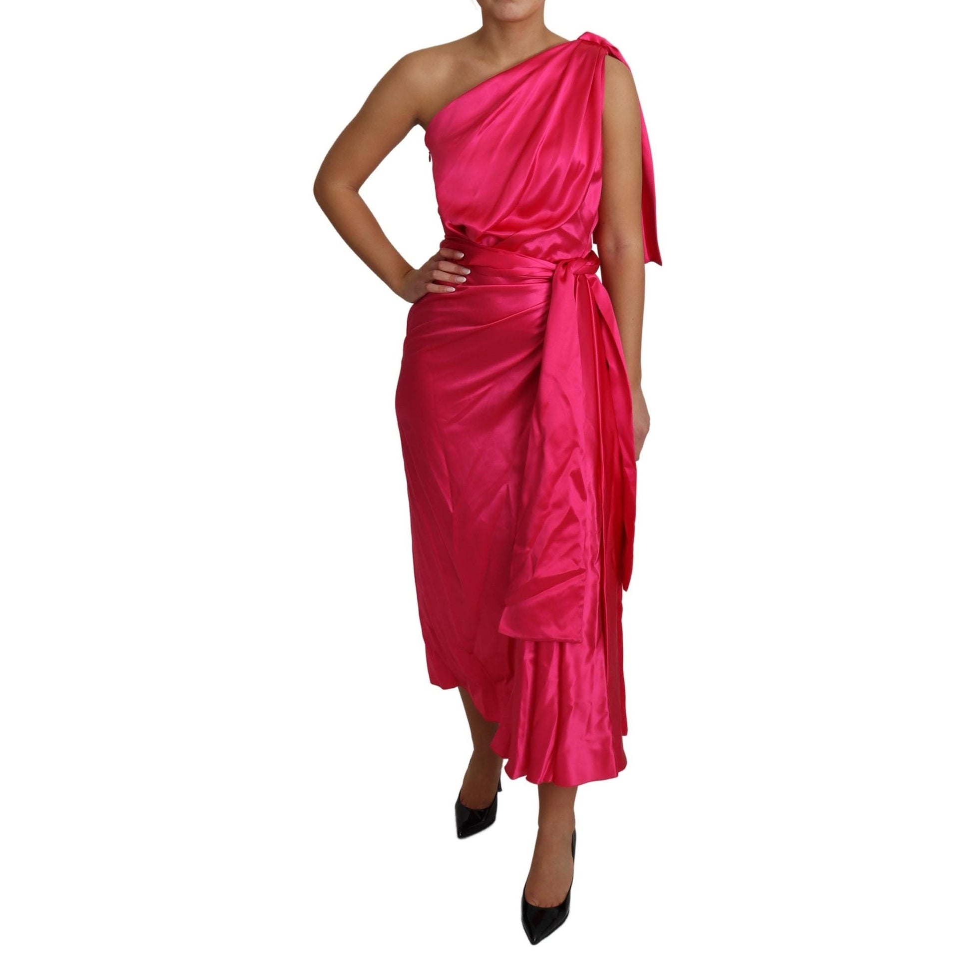 Dolce & Gabbana Dress Pink Fitted Cut One Shoulder Midi Dress