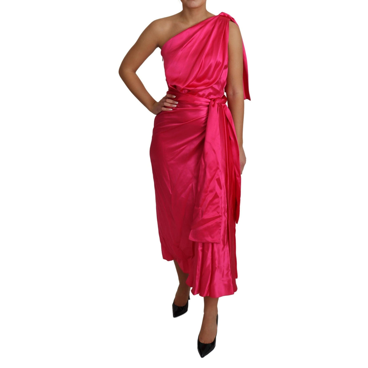 Dolce & Gabbana Dress Pink Fitted Cut One Shoulder Midi Dress