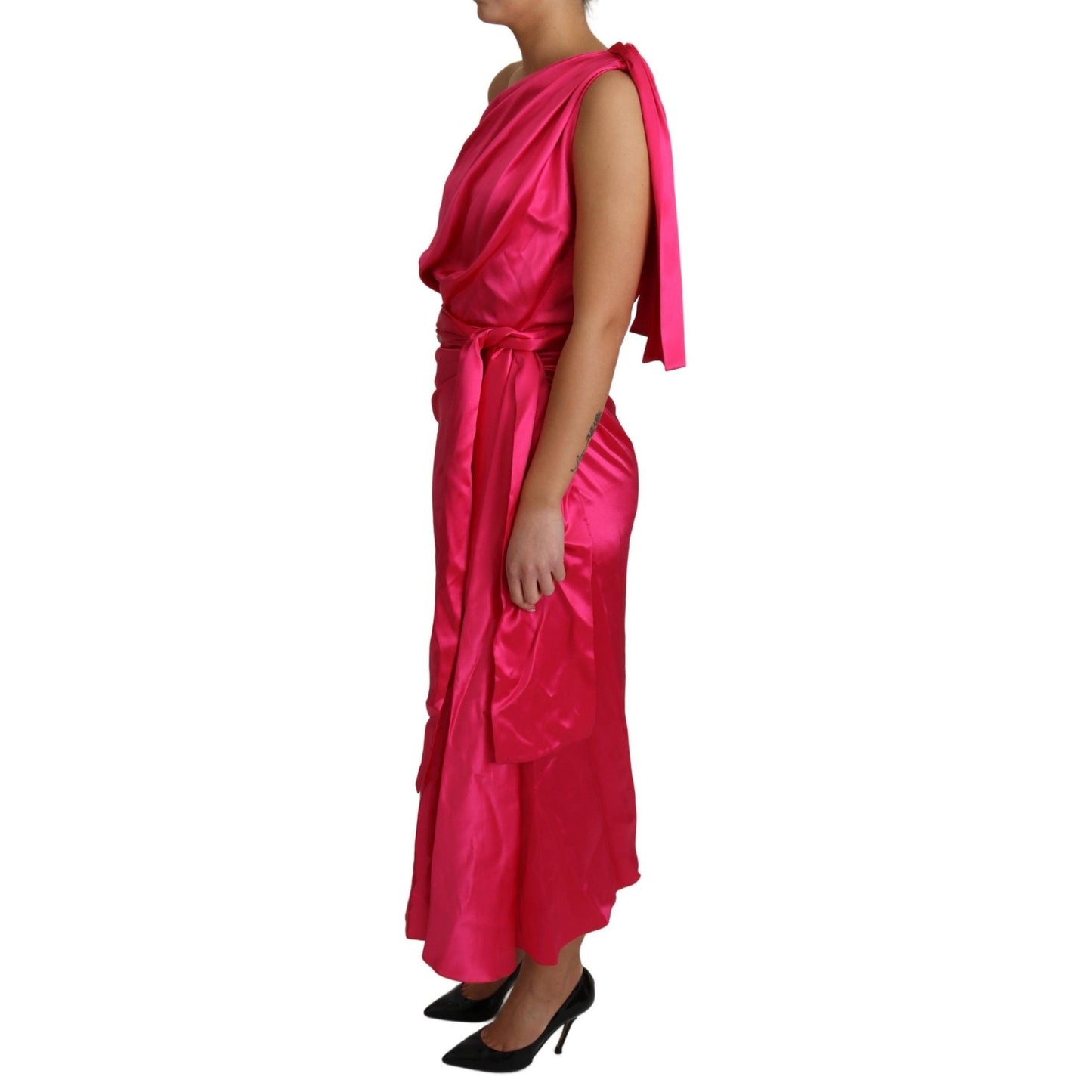 Dolce & Gabbana Dress Pink Fitted Cut One Shoulder Midi Dress