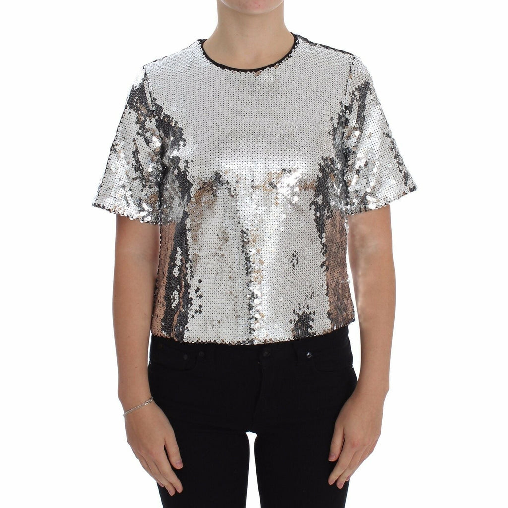 Dolce & Gabbana Silver Sequined Crewneck Blouse T-shirt Top