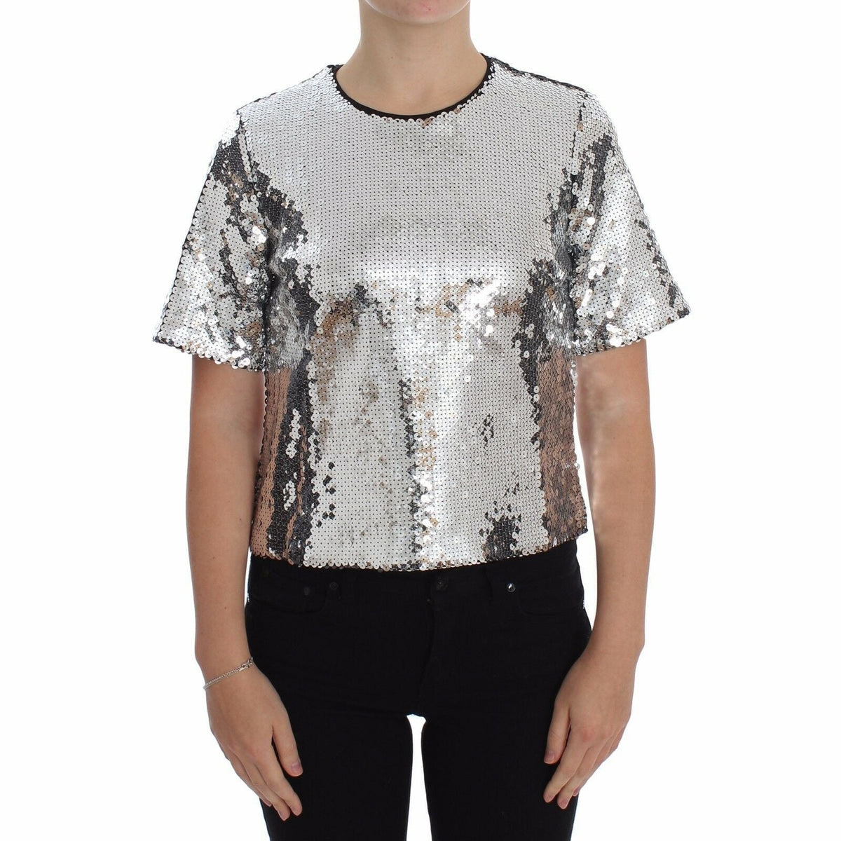 Dolce & Gabbana Silver Sequined Crewneck Blouse T-shirt Top