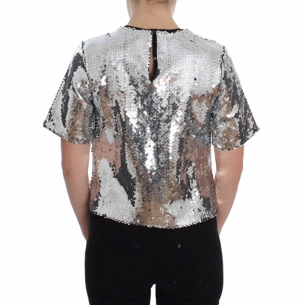 Dolce & Gabbana Silver Sequined Crewneck Blouse T-shirt Top