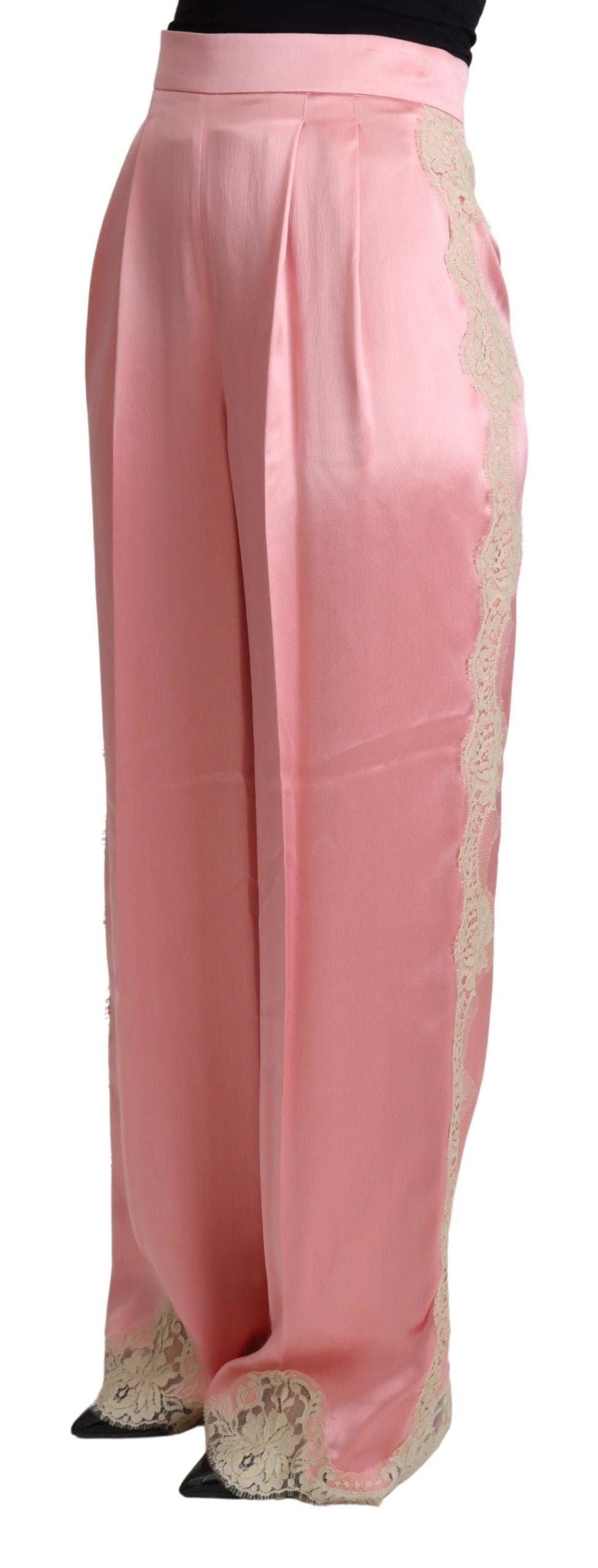 Dolce & Gabbana Pink Lace Trimmed Silk Satin Wide Legs Pants Dolce & Gabbana