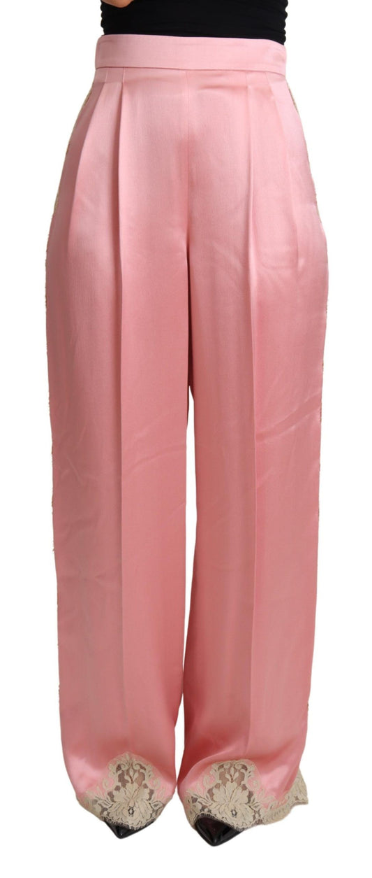 Dolce & Gabbana Pink Lace Trimmed Silk Satin Wide Legs Pants Dolce & Gabbana
