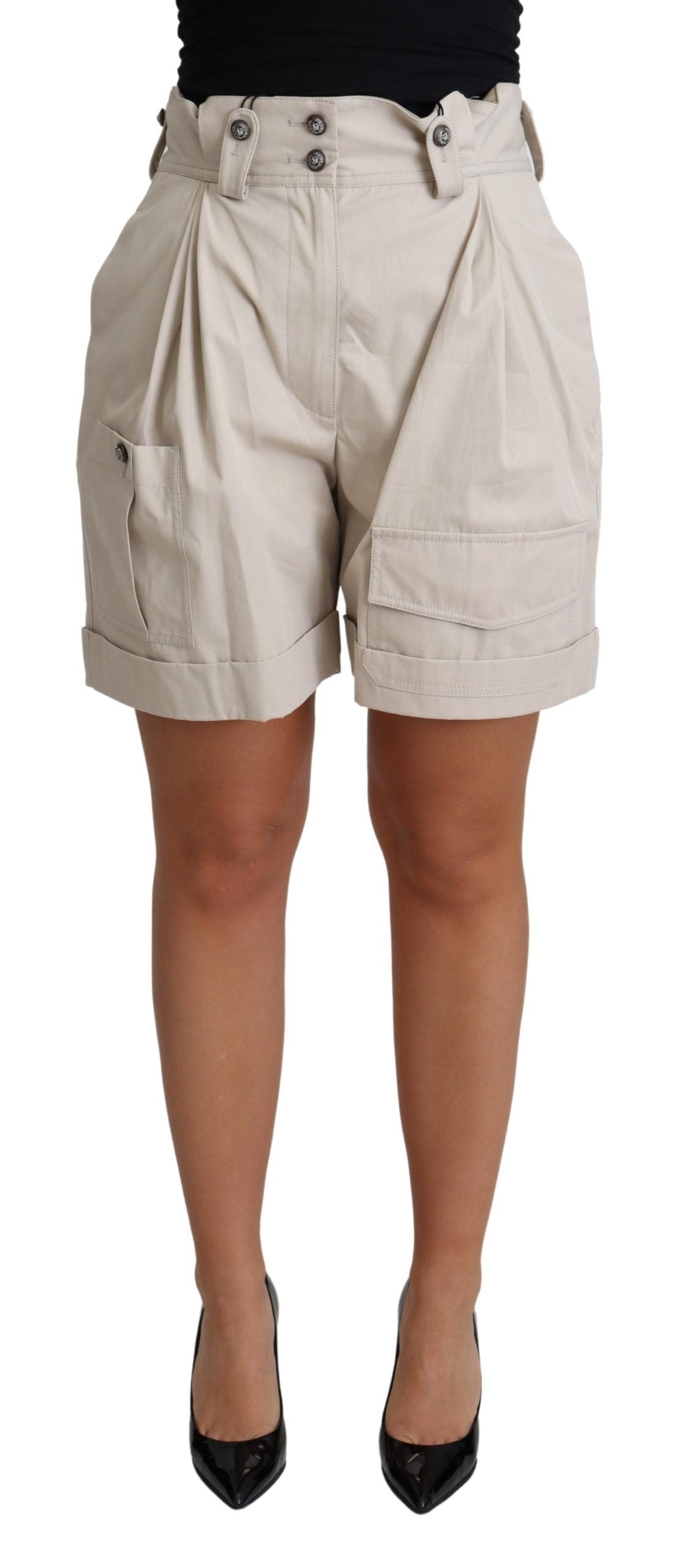 Dolce & Gabbana Beige Cotton Pleated High Waist Casual Shorts Dolce & Gabbana