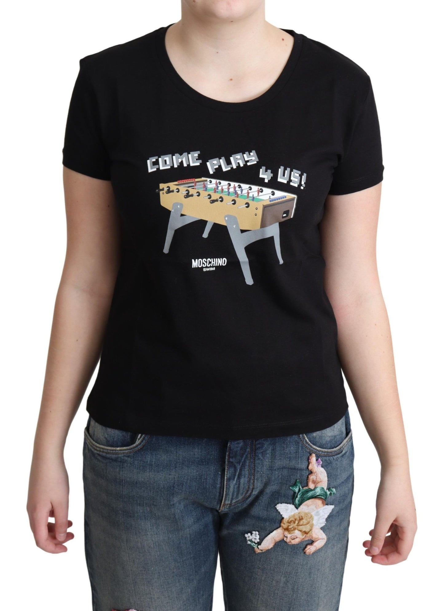 Moschino Black Cotton Come Play 4 Us Print Tops T-shirt Moschino