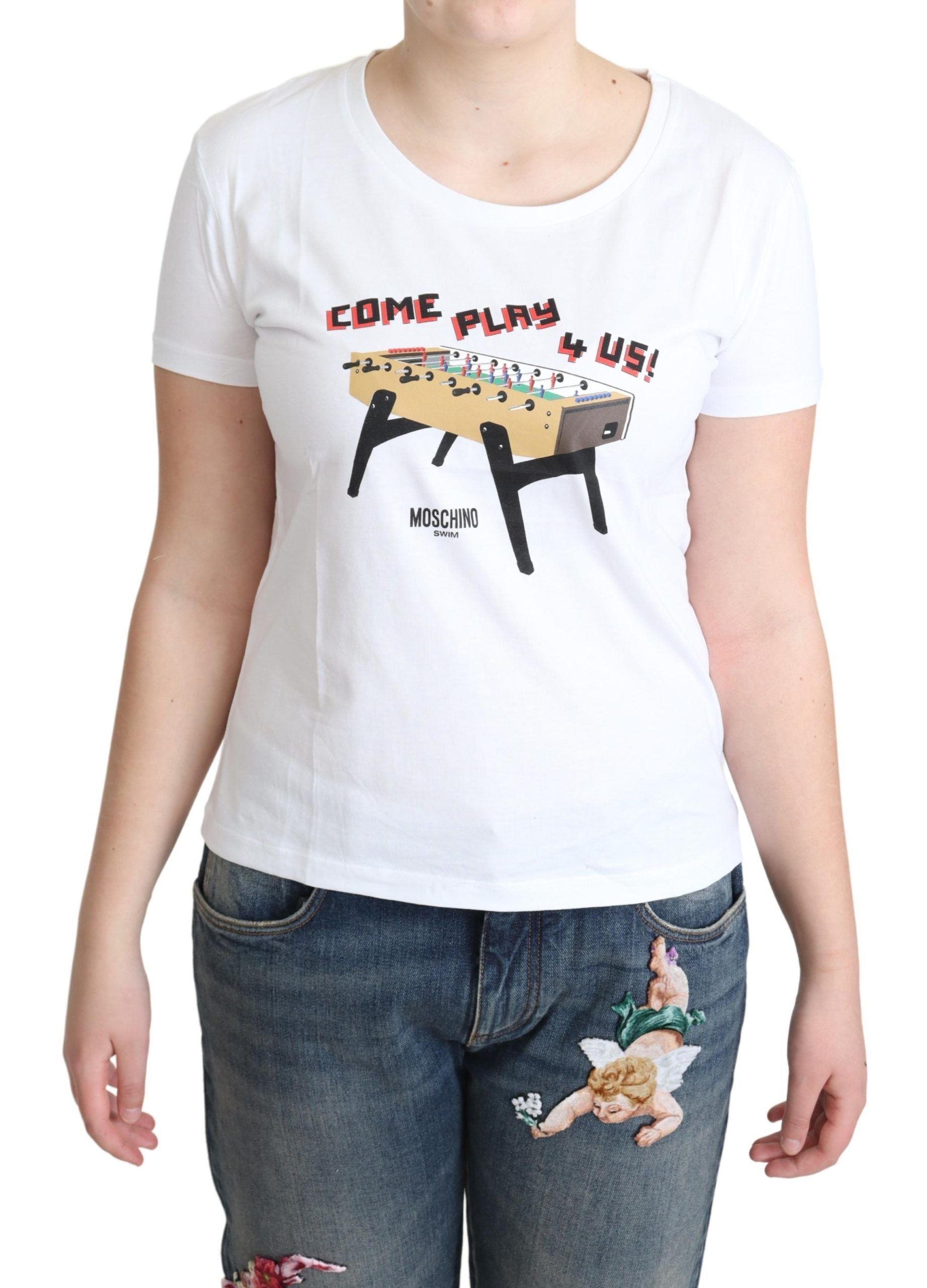 Moschino White Cotton Come Play 4 Us Print Tops T-shirt Moschino