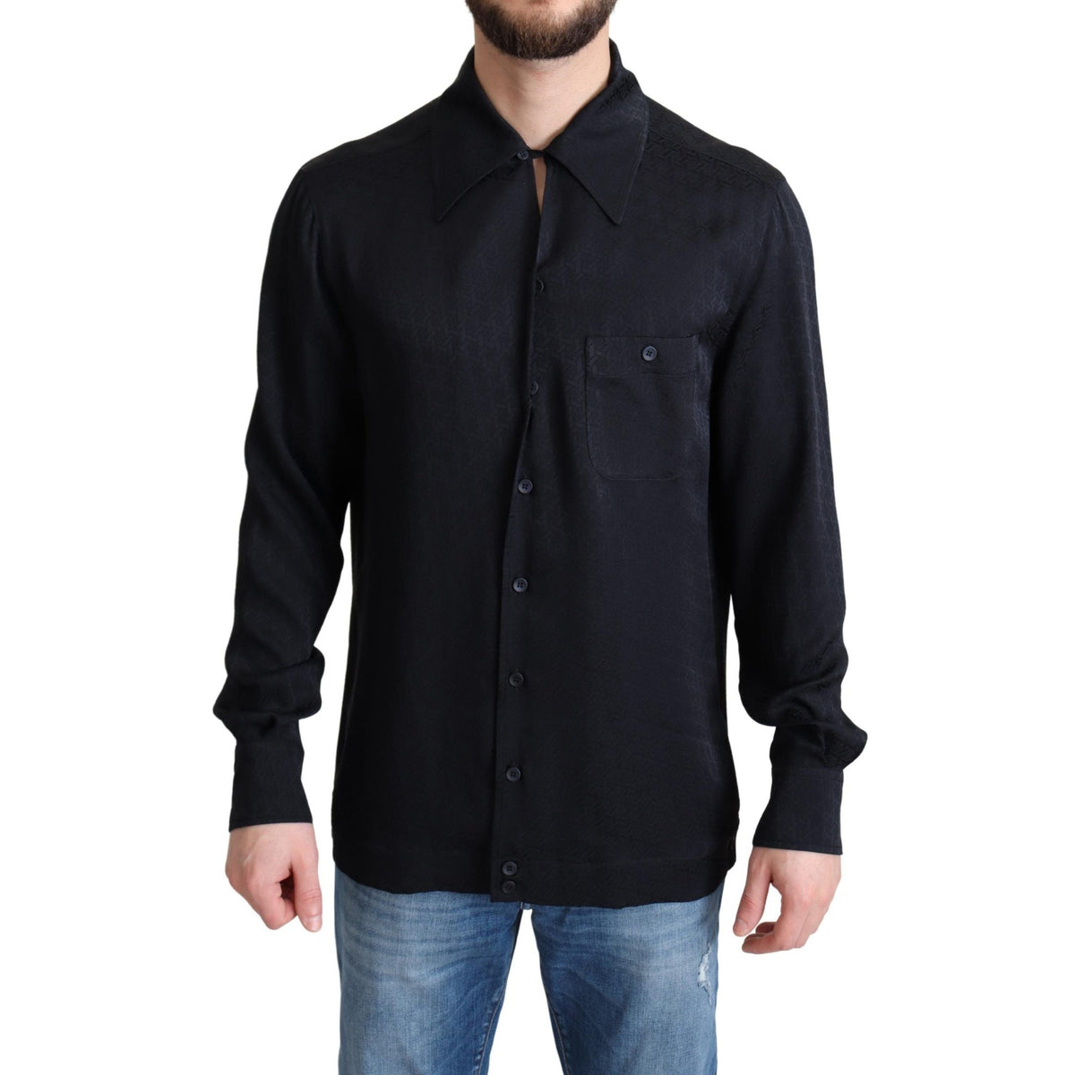 Dolce & Gabbana Black Jacquard Silk Casual Button Down Shirt